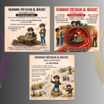 Drie Human Design Basic illustraties in cartoonstijl die uitleg geven over de betekenis van zwart, rood en wit in een Human Design chart. De eerste afbeelding gaat over de bewuste persoonlijkheid (zwart), de tweede over het onbewuste design en lichaam (rood), en de derde over open of ongedefinieerde energie (wit). De afbeeldingen tonen speelse scènes met kinderen en symbolische situaties rondom bewustzijn, gedrag en invloeden van buitenaf.