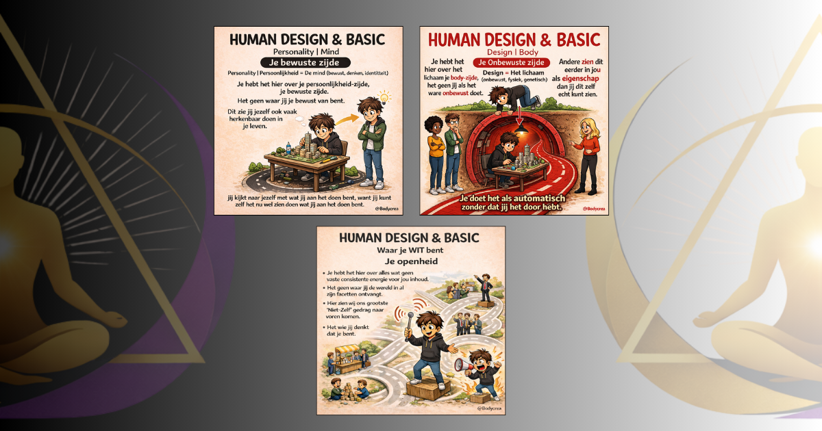 Drie Human Design Basic illustraties in cartoonstijl die uitleg geven over de betekenis van zwart, rood en wit in een Human Design chart. De eerste afbeelding gaat over de bewuste persoonlijkheid (zwart), de tweede over het onbewuste design en lichaam (rood), en de derde over open of ongedefinieerde energie (wit). De afbeeldingen tonen speelse scènes met kinderen en symbolische situaties rondom bewustzijn, gedrag en invloeden van buitenaf.