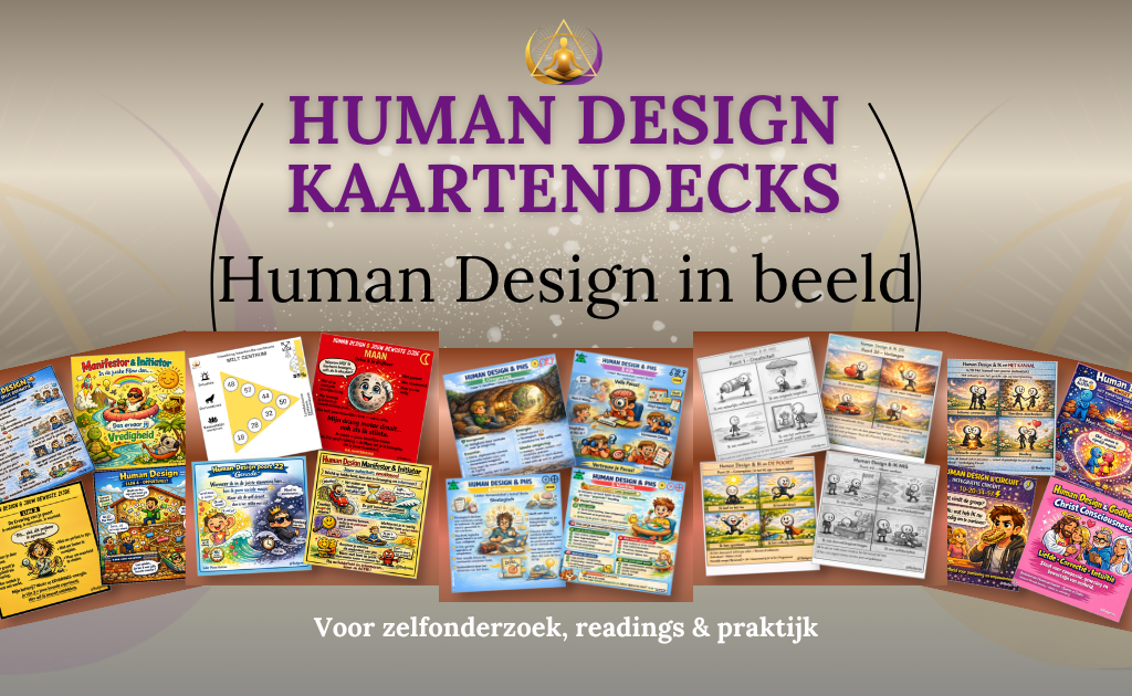 Overzicht van de kleurrijke Body Crea Human Design kaartendecks voor zelfonderzoek, readings en gebruik binnen de eigen praktijk.