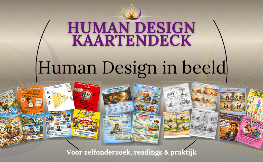 Overzicht van de kleurrijke Body Crea Human Design kaartendecks voor zelfonderzoek, readings en gebruik binnen de eigen praktijk.