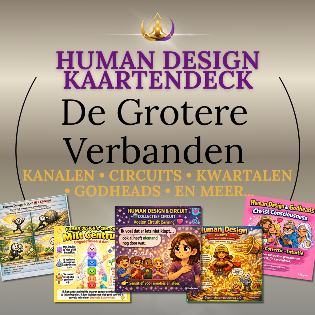 Human Design kaartendeck De Grote Verbanden van Body Crea over kanalen, circuits, kwartalen, Godheads en aanvullende thema’s.