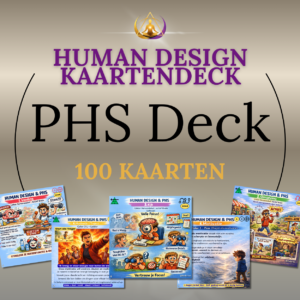 Human Design PHS Deck met 100 kaarten van Body Crea over voeding, vertering, omgeving, motivatie en focus, met kleurrijke geïllustreerde Human Design kaarten.